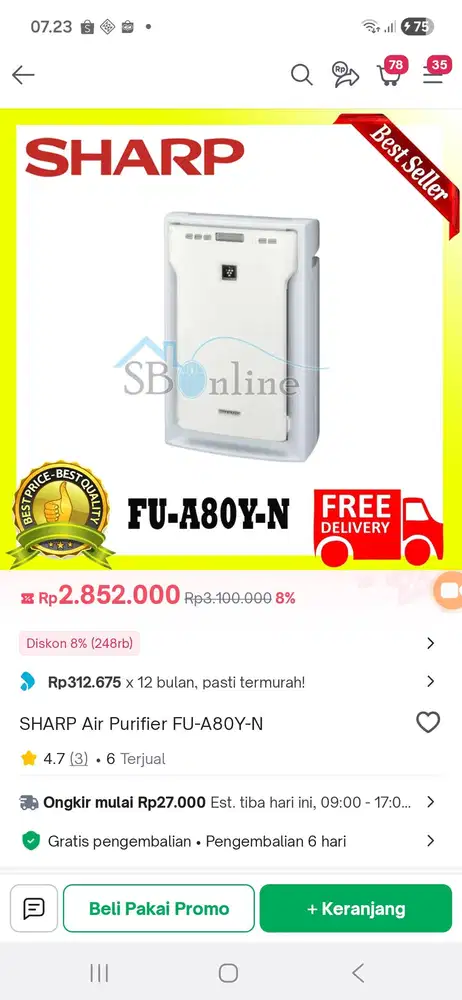 Pembersih Udara Air Purifier Sharp FUA 80 + HEPA BARU bonus PB SAMSUNG
