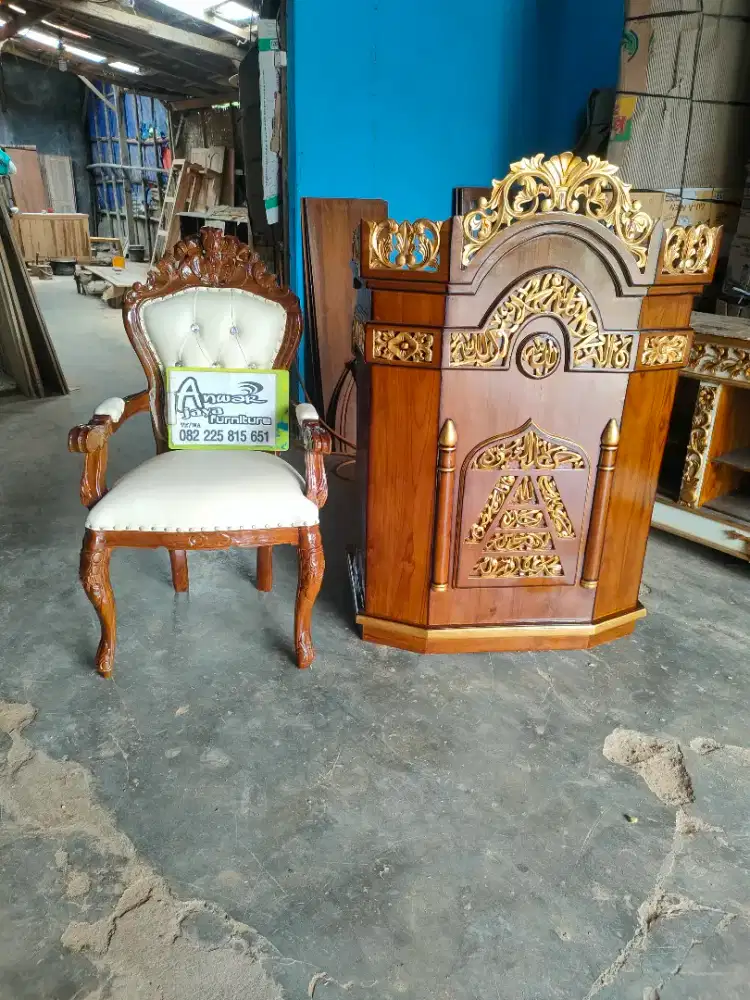 Mimbar masjid podium set kursi full kayu jati