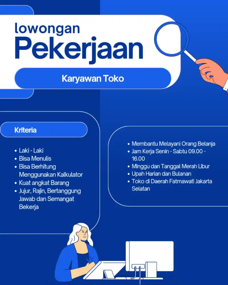 Dibutuhkan Laki Laki untuk Karyawan Toko di Daerah Fatmawati JakSel