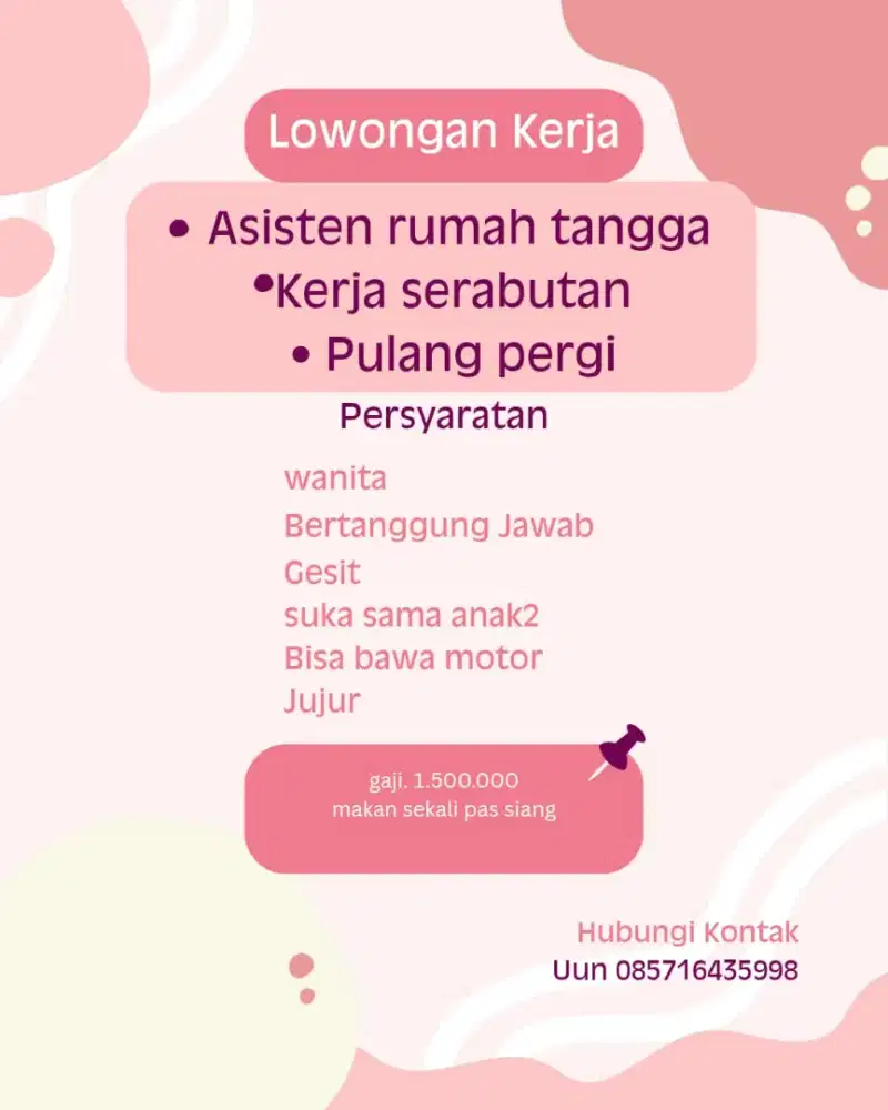 Di cari asisten rumah tangga serabutan