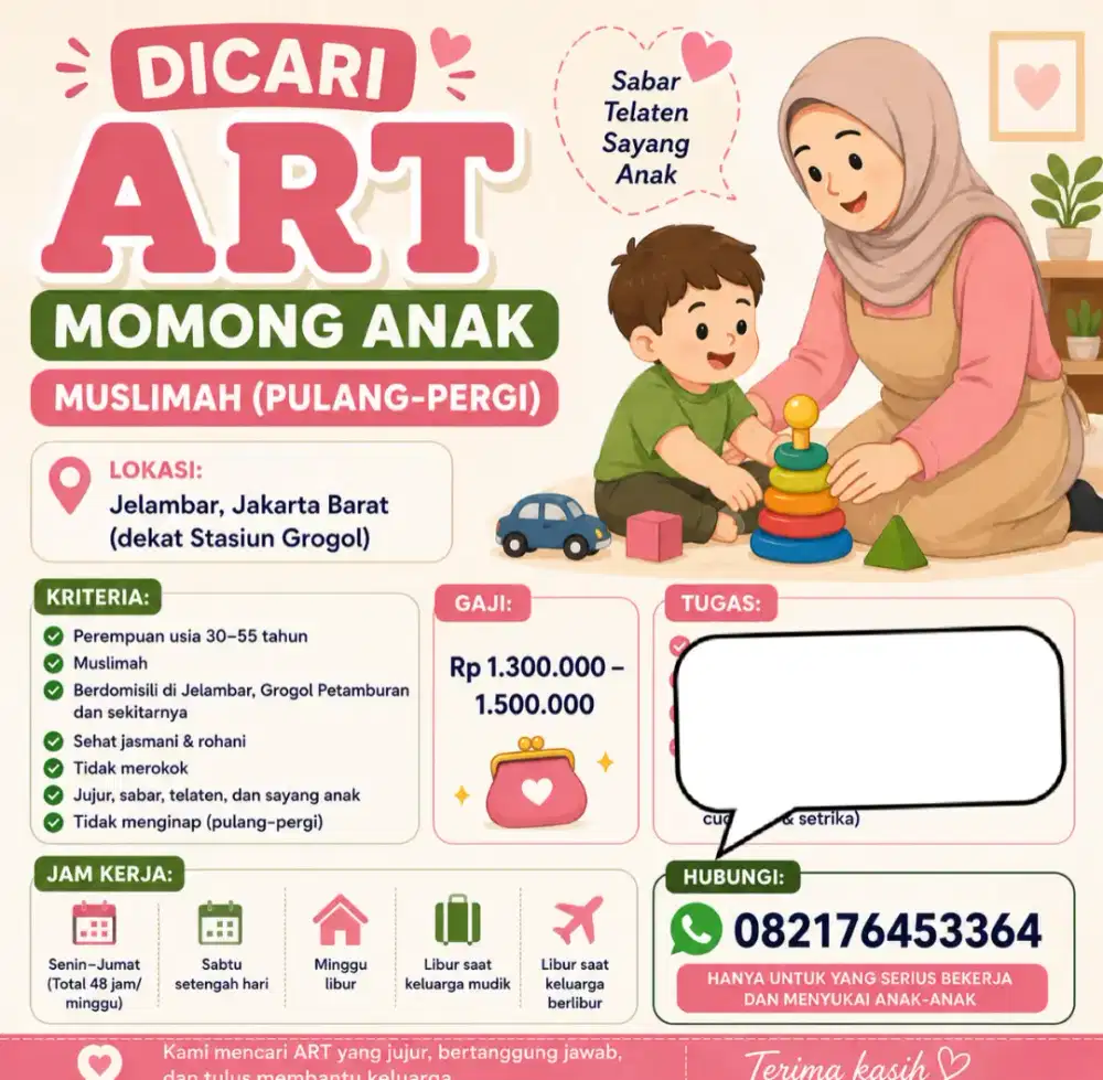 DICARI ART MOMONG ANAK MUSLIMAH (PULANG-PERGI)