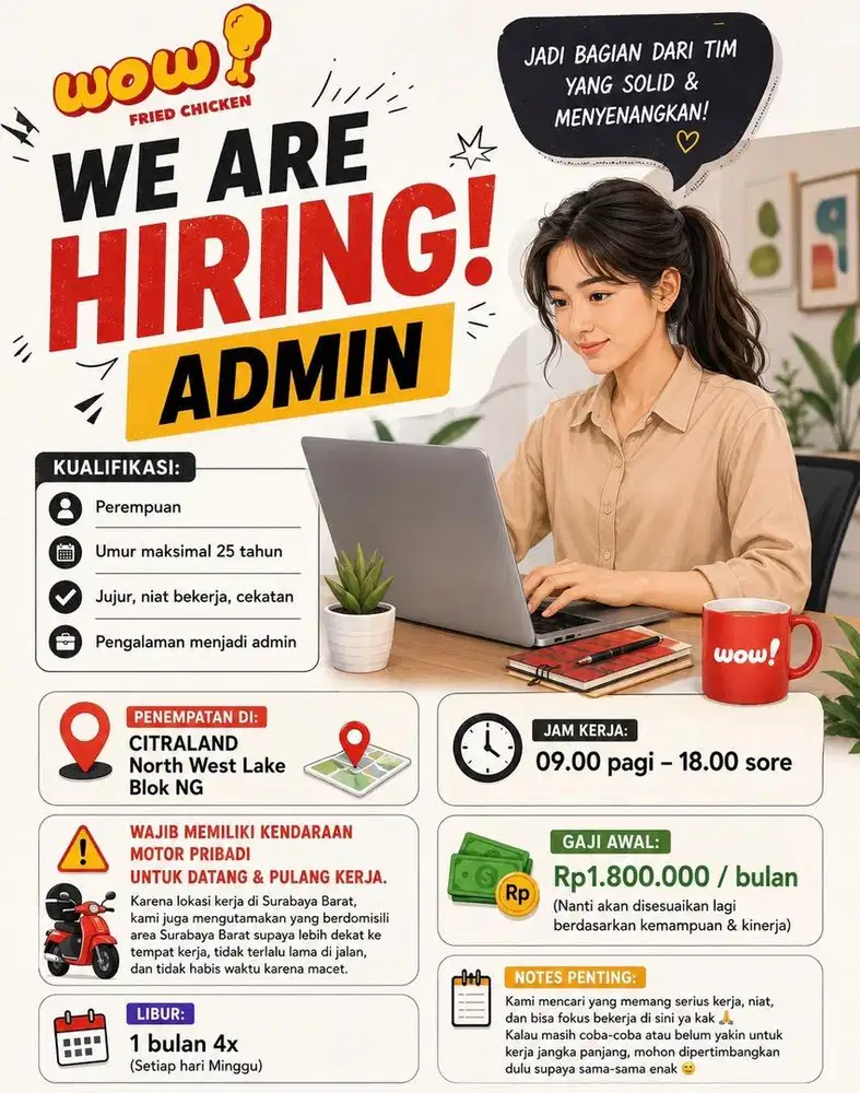 DICARI SEGERA ADMIN CEWE, JUJUR & NIAT KERJA LANGSUNG KIRIM CV KE CHAT