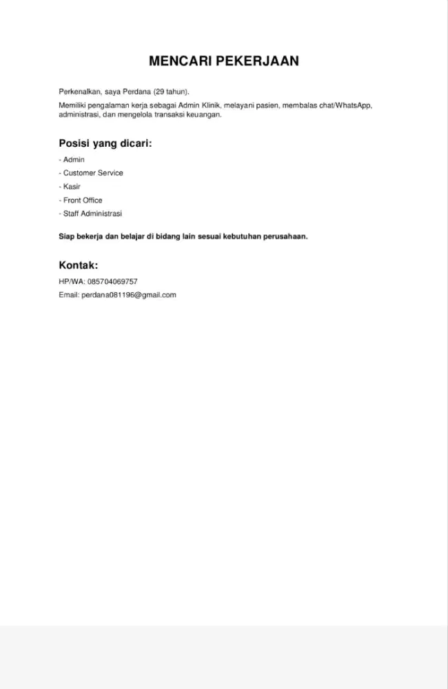 Mencari Pekerjaan Admin / Asisten Atasan / Staff Kantor
