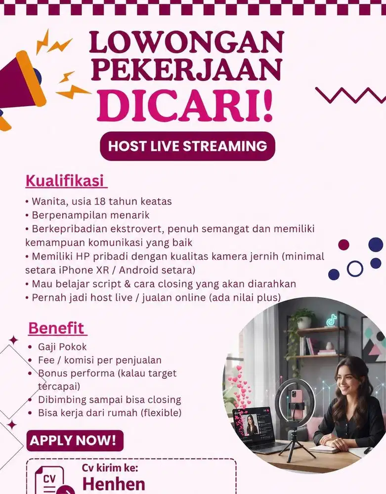 Dibutuhkan segera 2 orang hostlive tiktok
