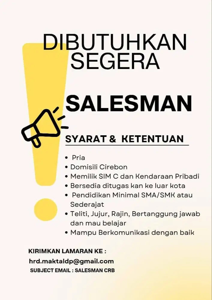 Dibutuhkan Segera Salesman