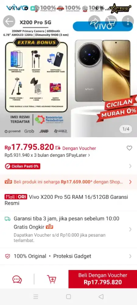 Jual hp Vivo x200 Pro 5g ram 16+16/512 health 92%
