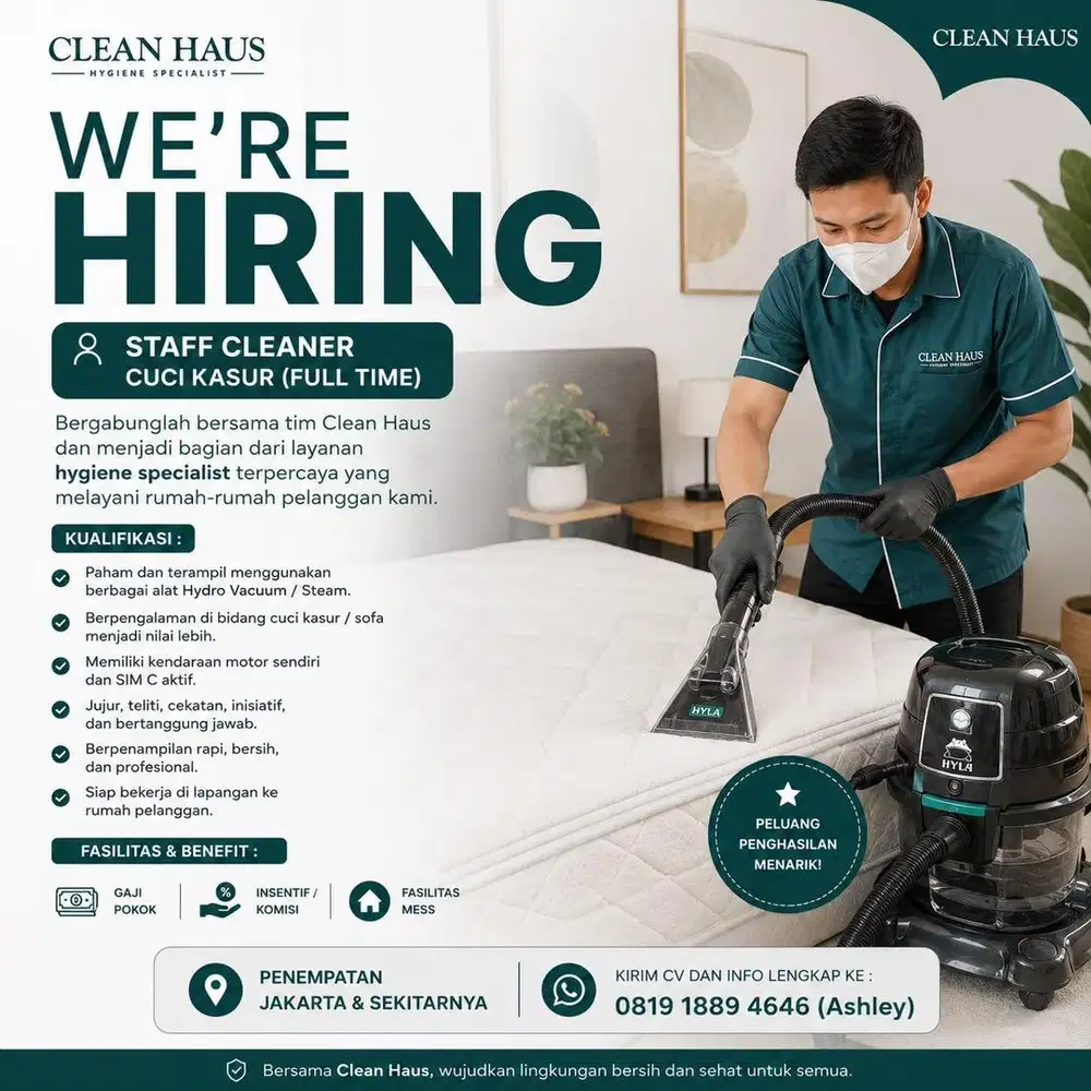 Dibutuhkan Cleaning Service Full time (insentif menarik)