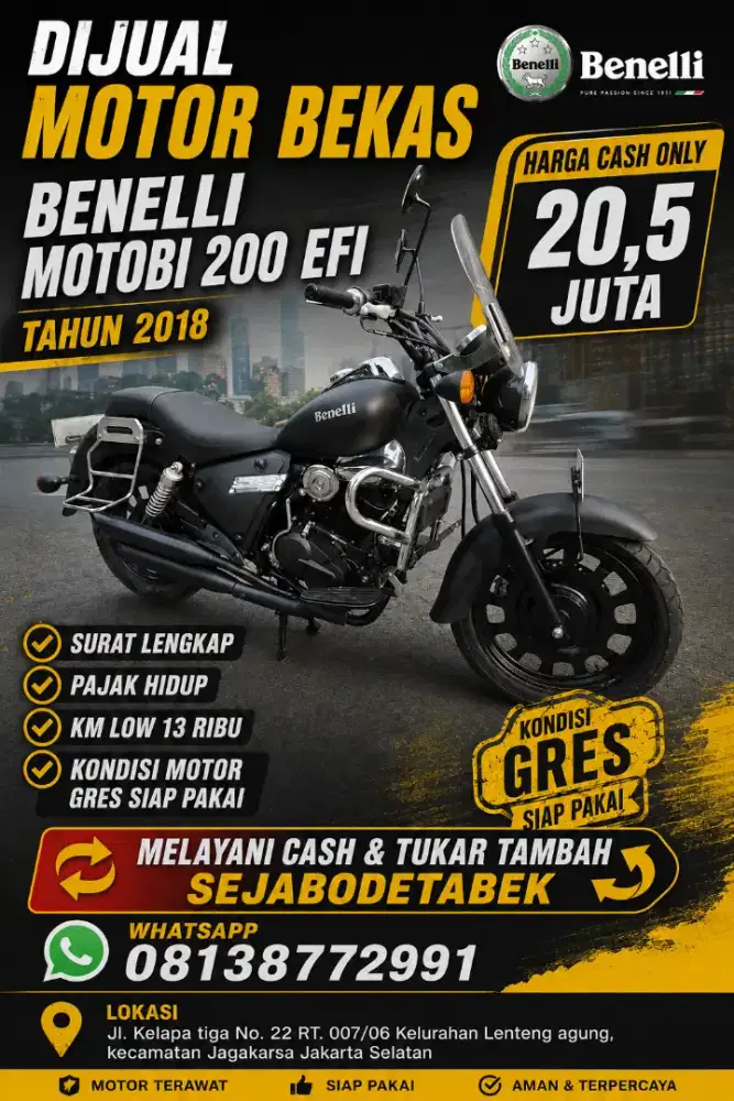 BENELLI MOTOBI EFI 200 TAHUN 2018 DIJUAL CASH ONLY