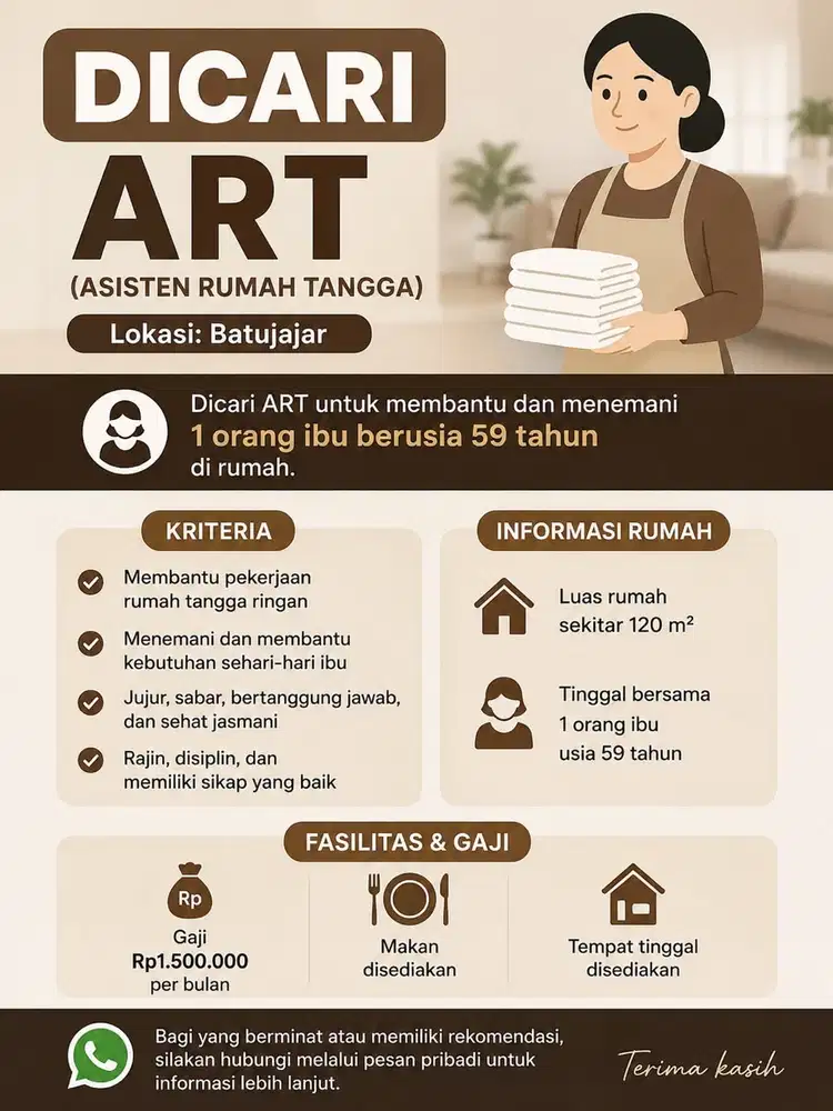 DICARI ASISTEN RUMAH TANGGA (ART)