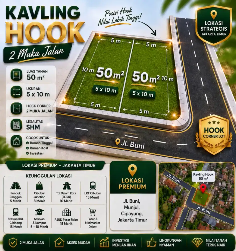 Jual murah kavling hook pinggir jalan utama jalan buni cipayung