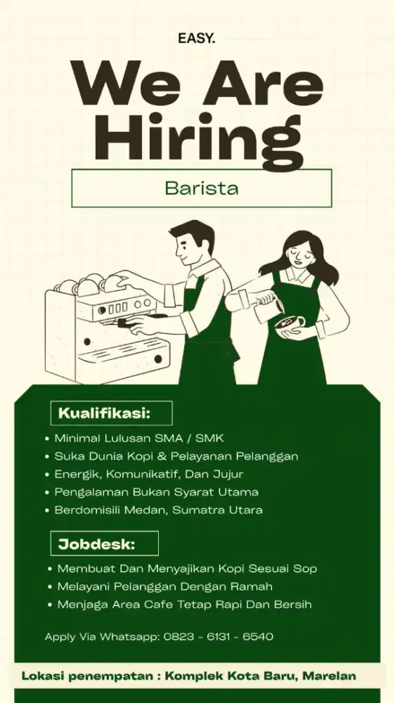 Dicari barista cafe Easy Coffee