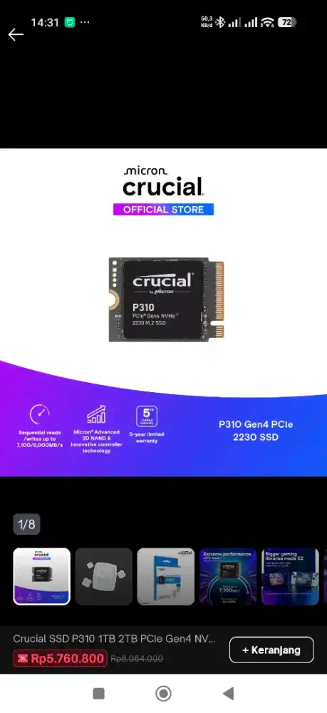 Crucial SSD P310 2TB
PCle Gen4 NVMe 2230 M.2 SSD-2TB