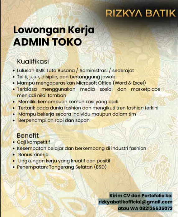 Lowongan Kerja ADMIN TOKO dekat Pasar Modern BSD