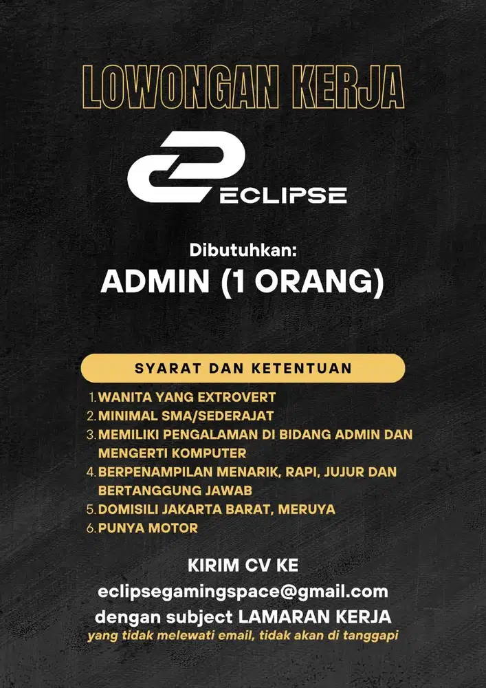 DIBUTUHKAN ADMIN, KITCHEN DAN TEKNISI KOMPUTER UNTUK WARNET JAKBAR