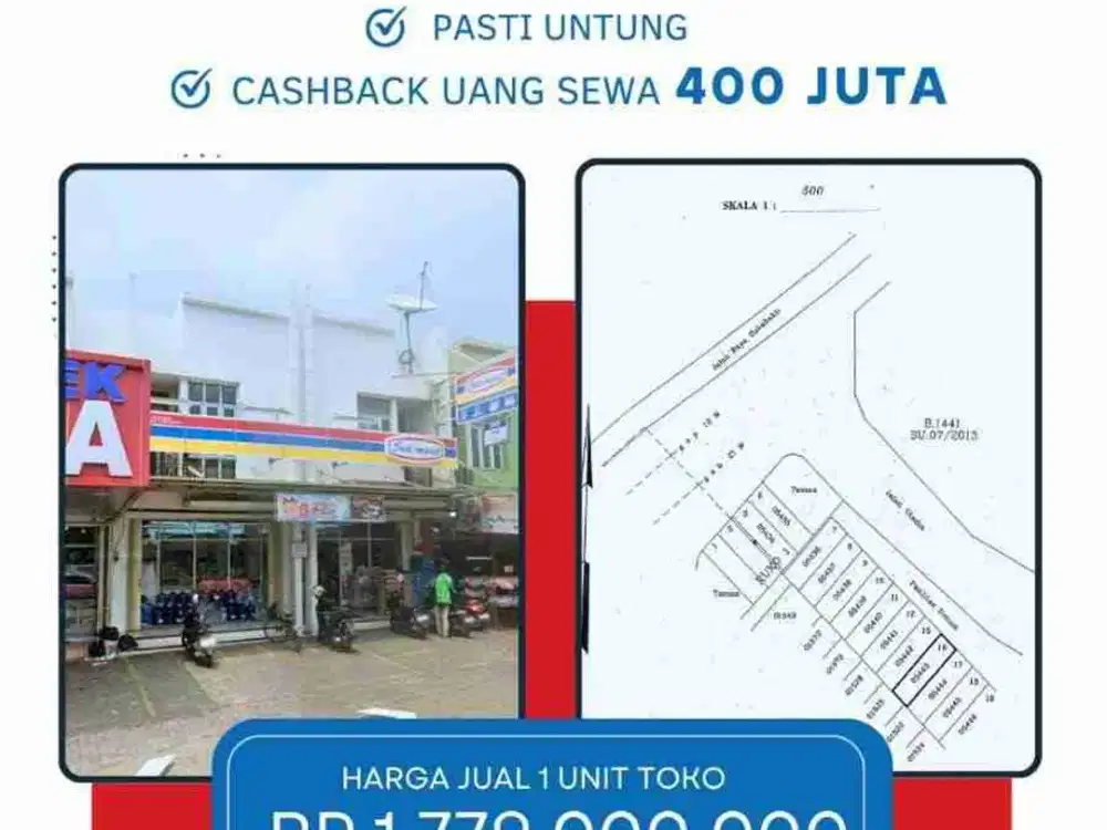 dijual murah ruko 2 lantai masih tersewa Indomaret cash back 400jt
