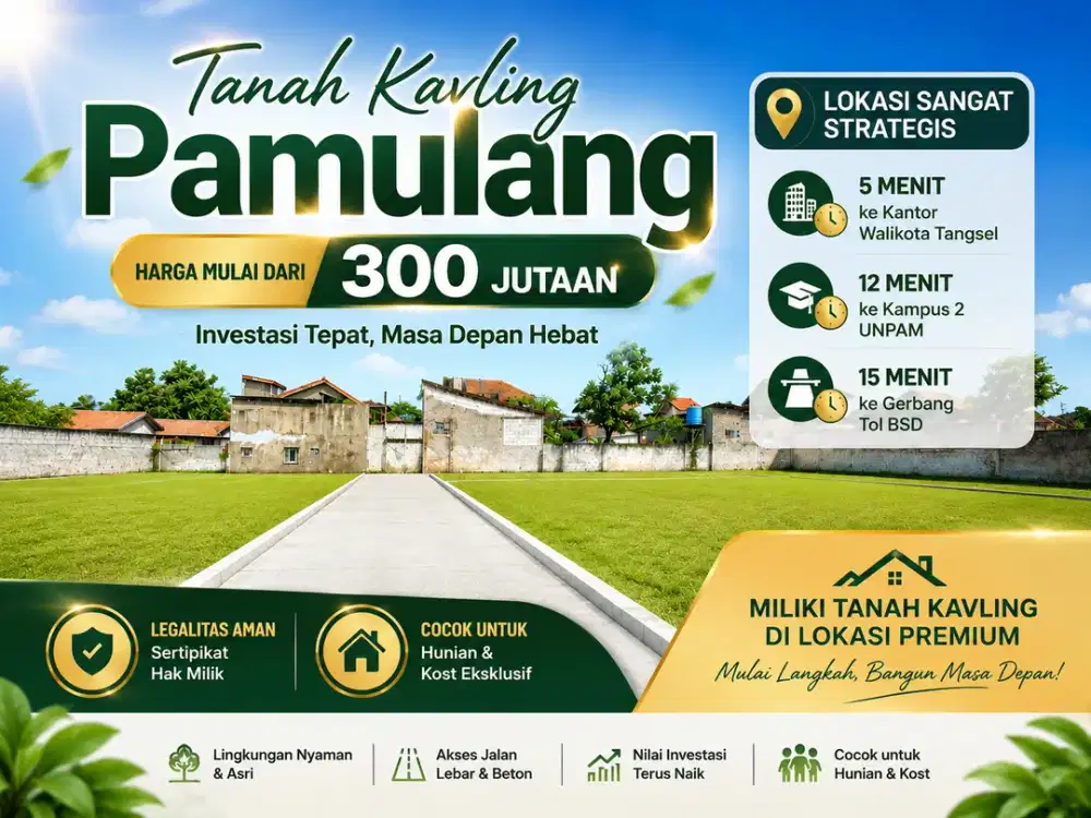 Tanah Murah, 5 Menit Kantor Walikota Tangsel, Terima SHM per Unit