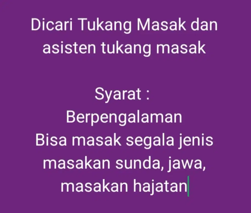 Dibutuhkan Tukang Masak dan Asisten tukang masak
