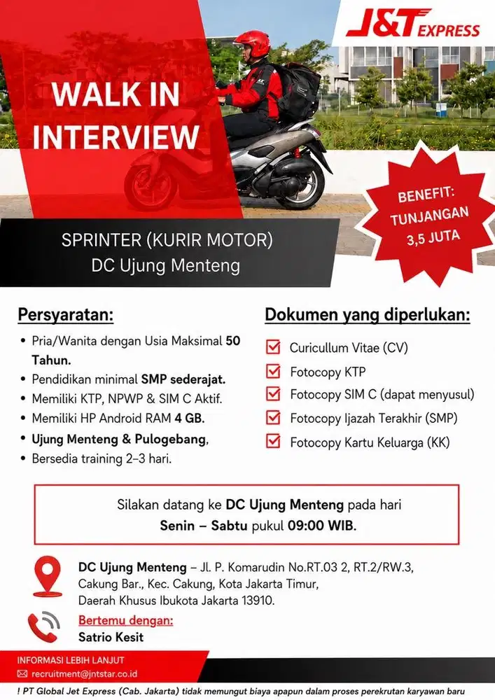 Lowongan Kerja Kurir Paket J&T EXPRESS DC UJUNG MENTENG