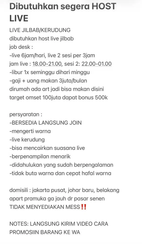 LOWONGAN KERJA HOST LIVE JILBAB JAKARTA