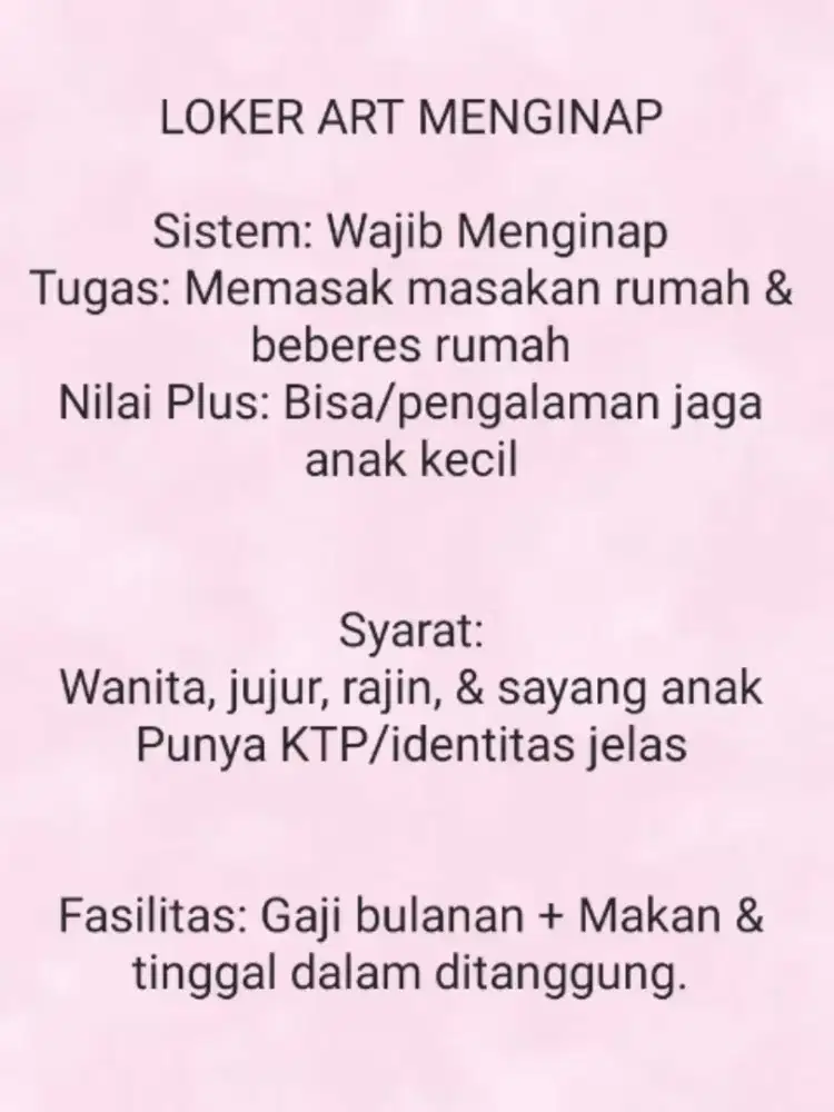 Lowongan Kerja ART / Baby Sitter / Pembantu Rumah Tangga