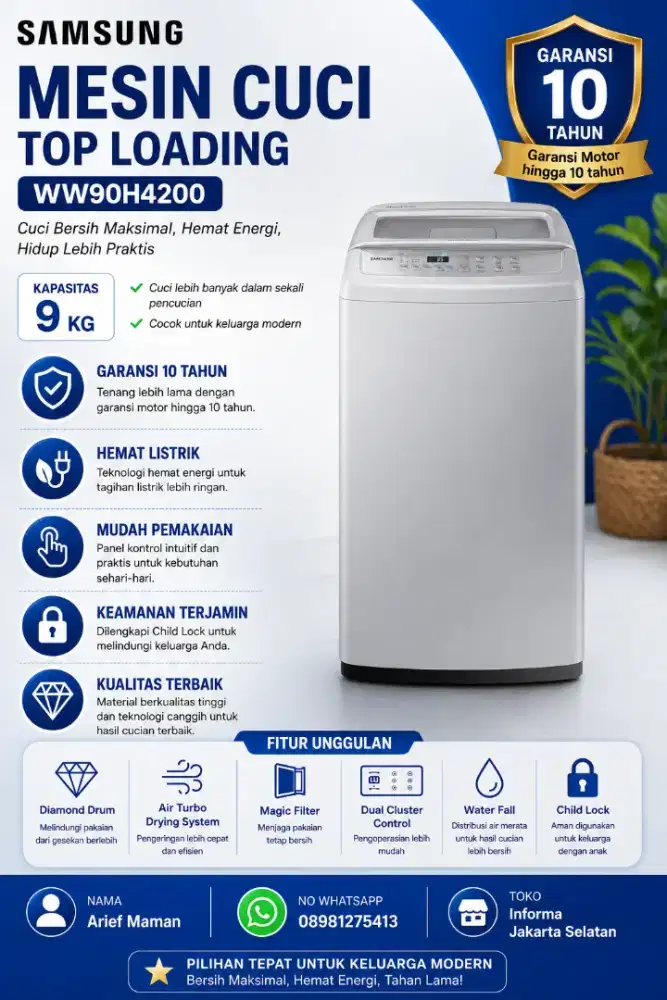 Mesin Cuci Samsung 9Kg Top Loading Garansi 10