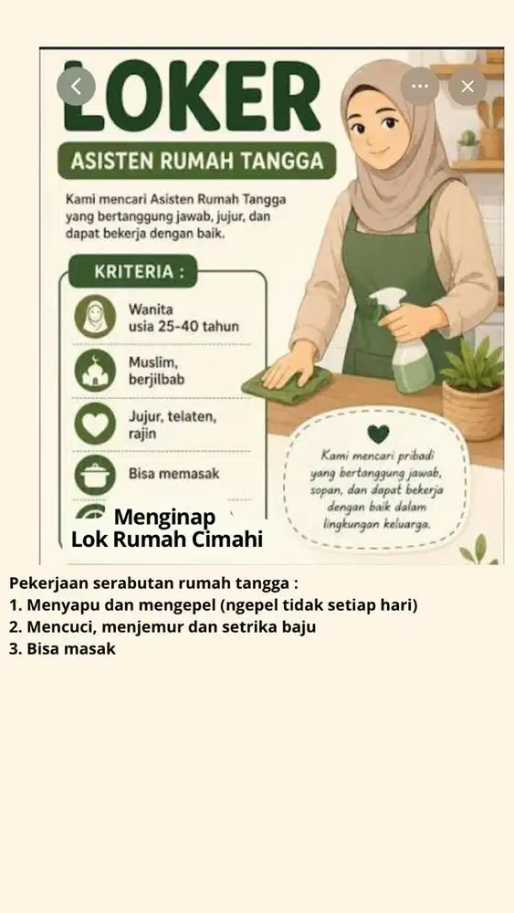 Dicari ART menginap Lok Cimahi