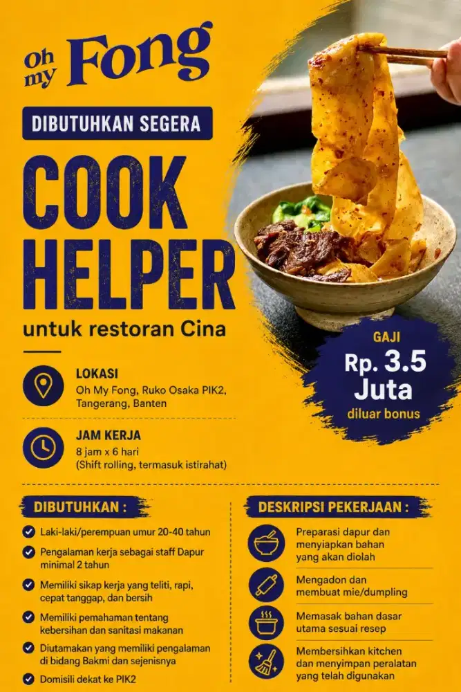 COOK HELPER untuk restoran cina