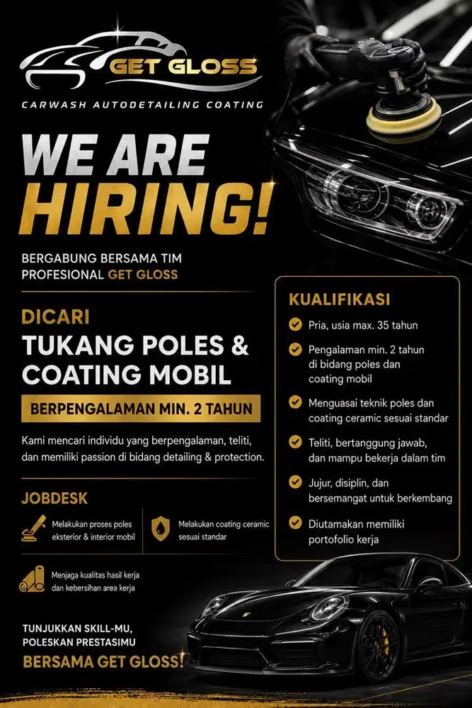 Dicari Tukang Poles & Coating Berpengalaman
