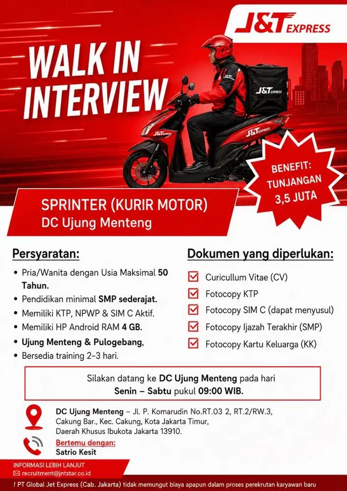 Lowongan Kerja Kurir J&T Express DC Ujung Menteng Walk in Interview