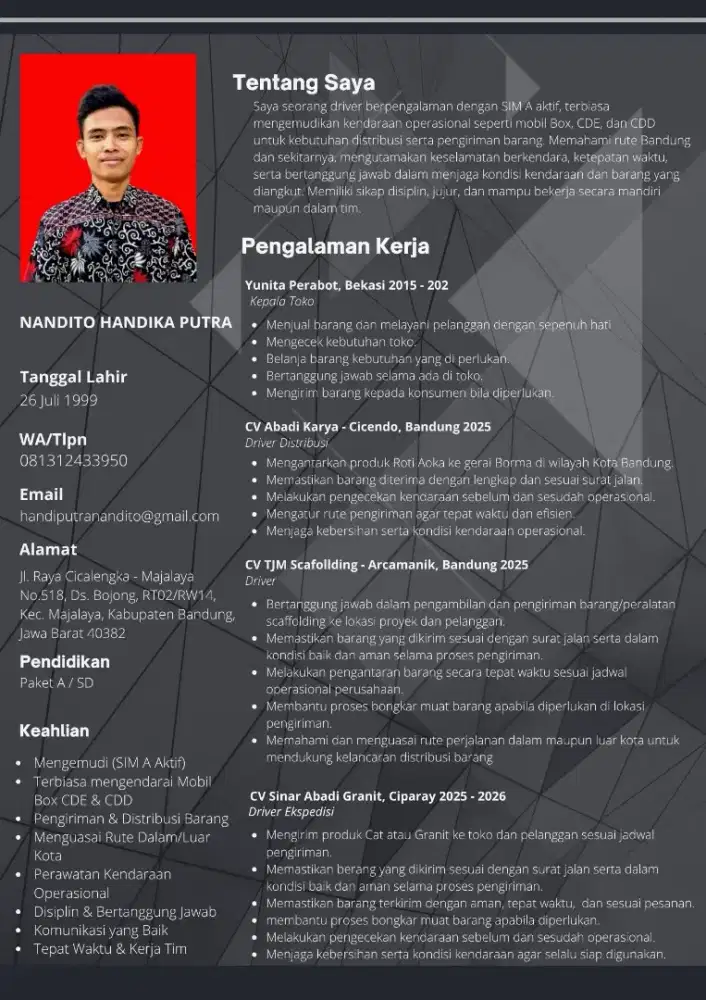 Cari Kerja Sebagai Driver Gudang / Pengiriman / Operasional