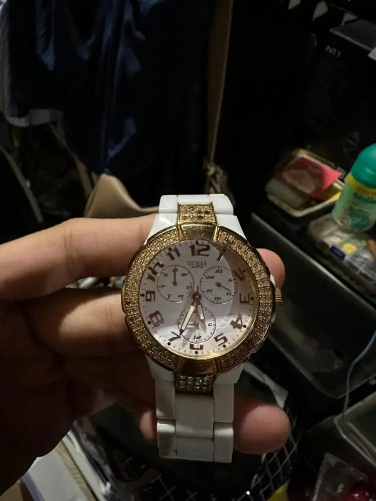 Guess Women’s Ceramic White Rose Gold Crystal Chronograph