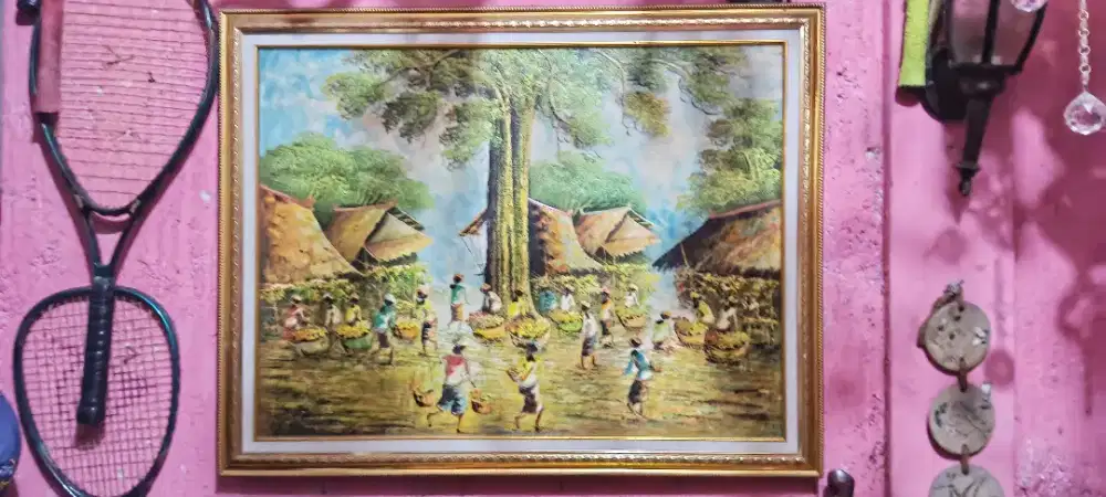 Lukisan canvas antiq bertema pedesaan