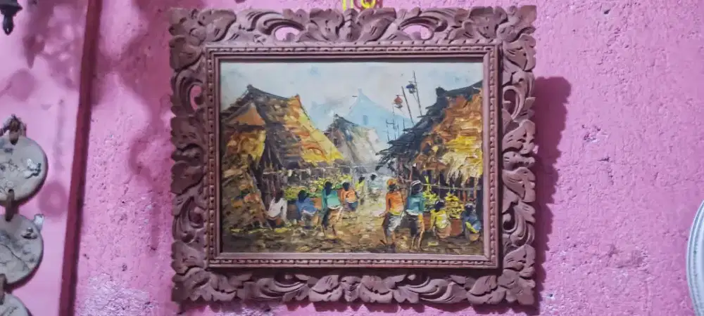 Lukisan canvas antiq bertema pedesaan frame kayu
