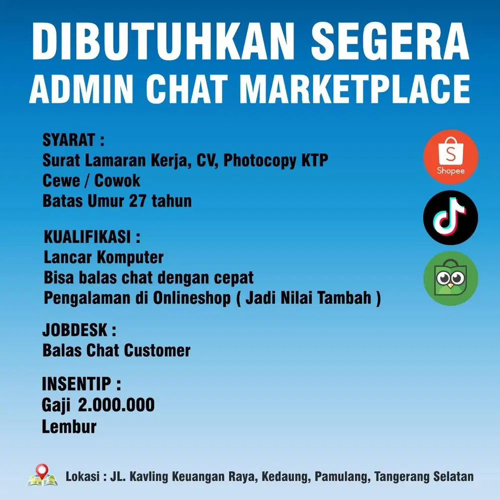 Dibutuhkan segera Admin chat marketplace