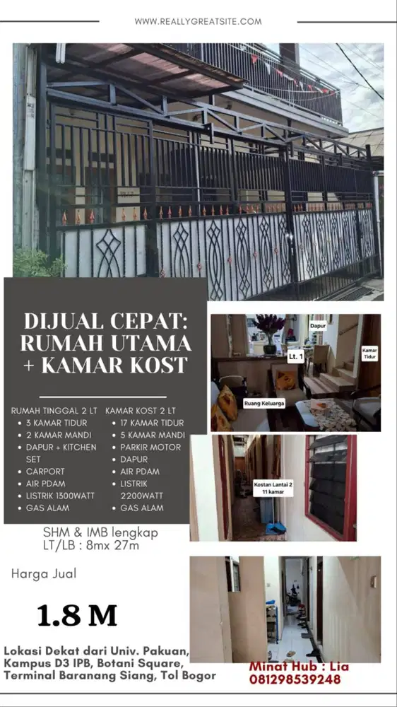 Hunian 3 KT + 17 Kamar Kos Aktif | Pusat Kota Bogor | Passive Income