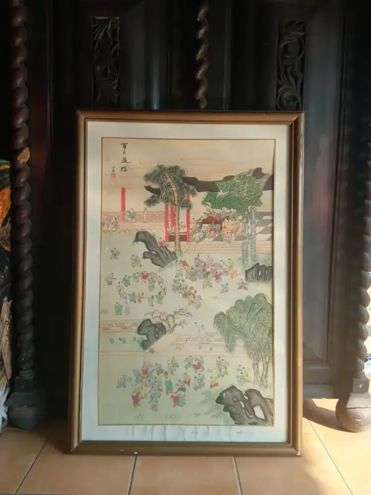 Antique Chinese Wall Hanging, Hand-Painted 100 Boys on Silk, Signed