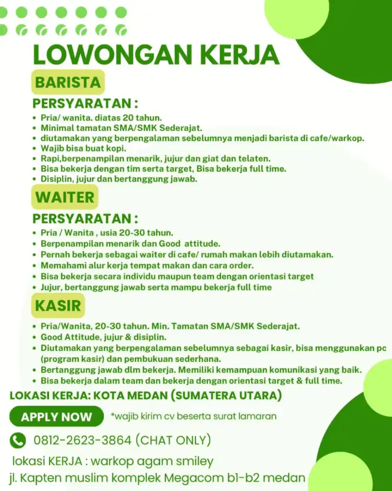 Di butuhkan segera barista, waiter /waitress dan kasir