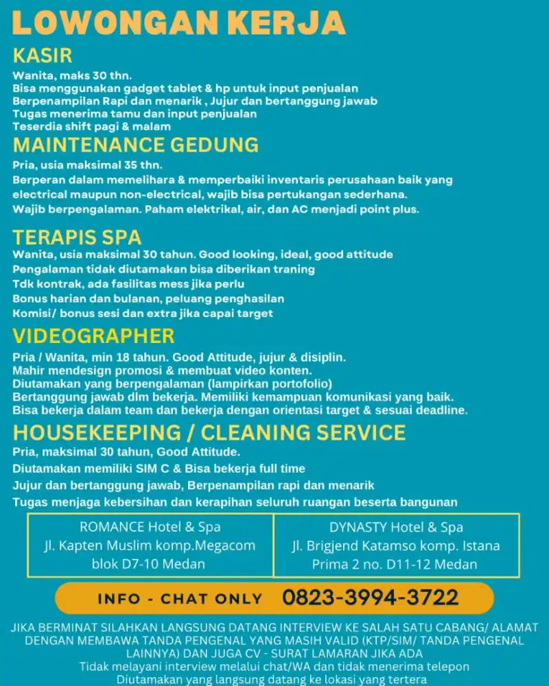 Dibutuhkan segera kasir, housekeeping, videographer, maintenance