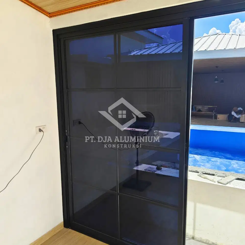 Sliding Door Aluminium Hitam Double Grid Minimalis