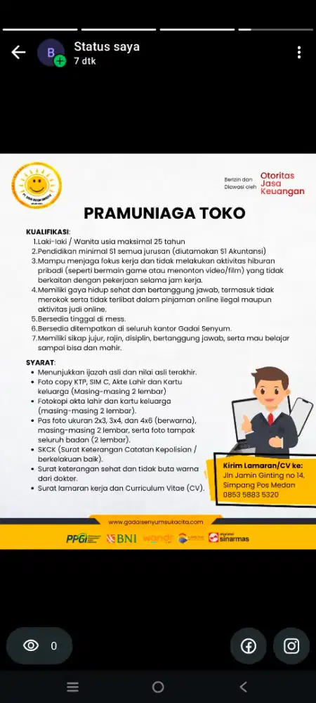 Lowongan kerja PT GADAI SENYUM SUKACITA
