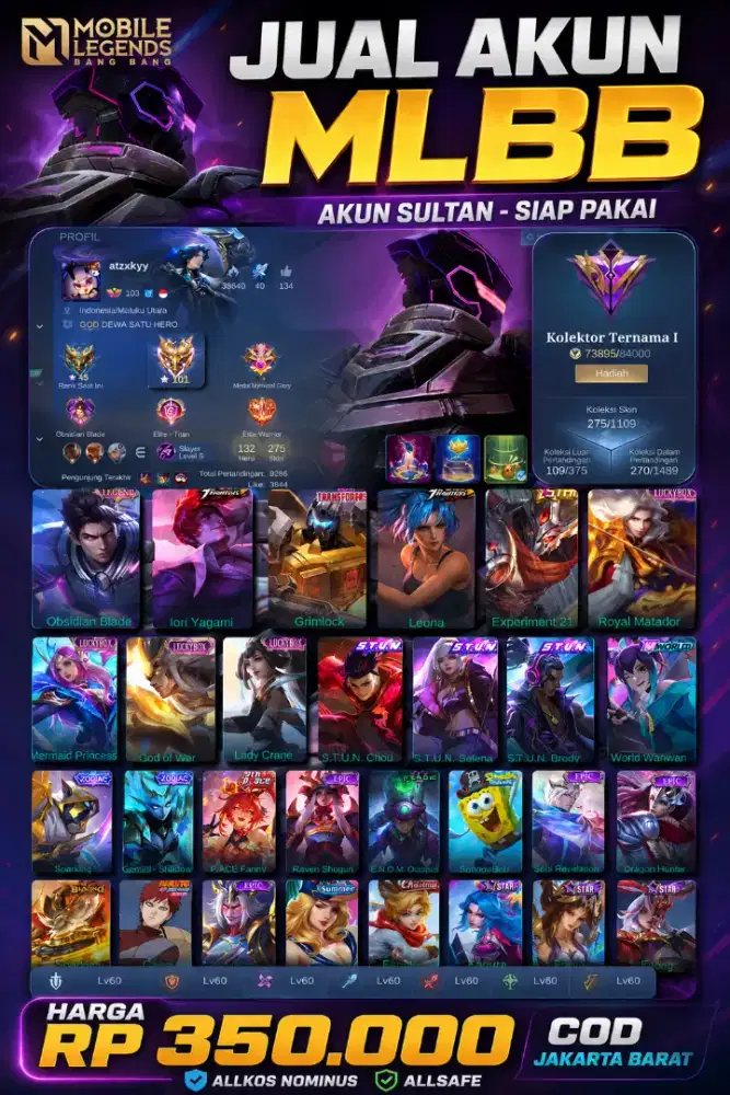 AKUN ML / MOBILE LEGENDS 400K COD DEPAN RUMAH