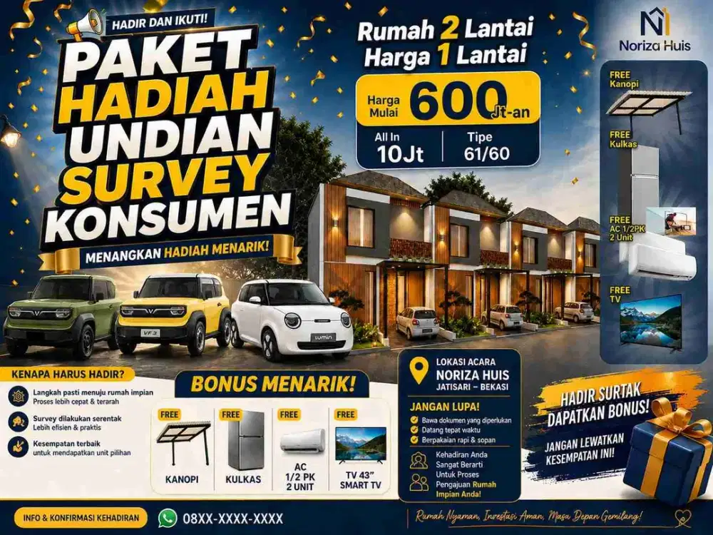 BELI RUMAH BS DPT UNDIAN MOBIL. Cuma di cluster ini di Jatisari Jatiasih 3 kamar 2 lantai cuma 600 jutaan. DP 0. 5jt lgsg akad. Cicilan mulai 4juta
