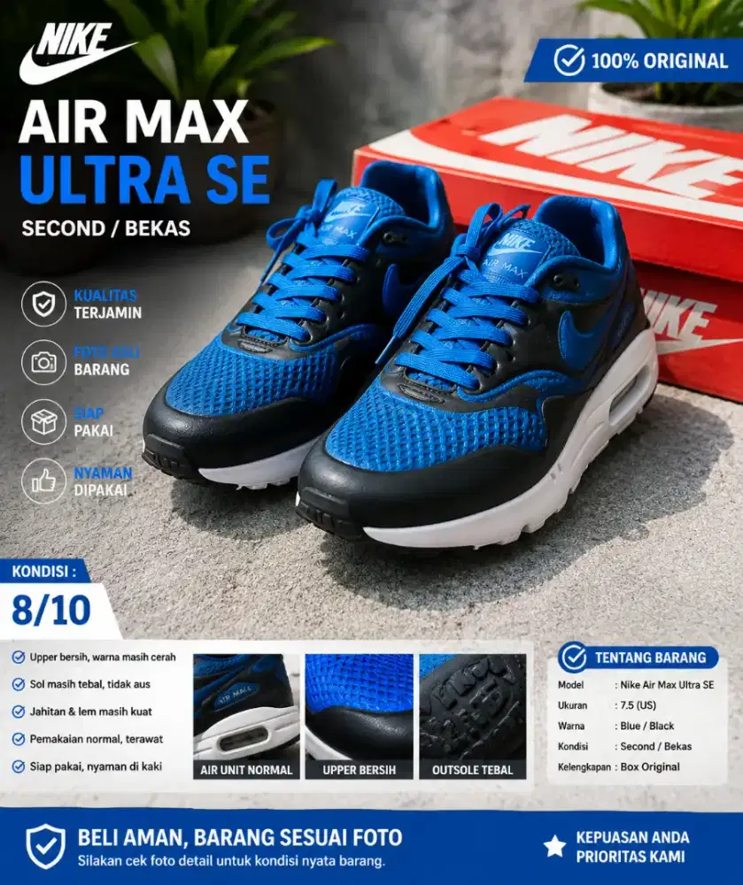 Nike Air Max Ultra SE Original Blue Black Size 40.5 Full Box