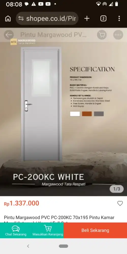 Pintu margawood pvc .pc 200kc 70x195 pintu putih.
