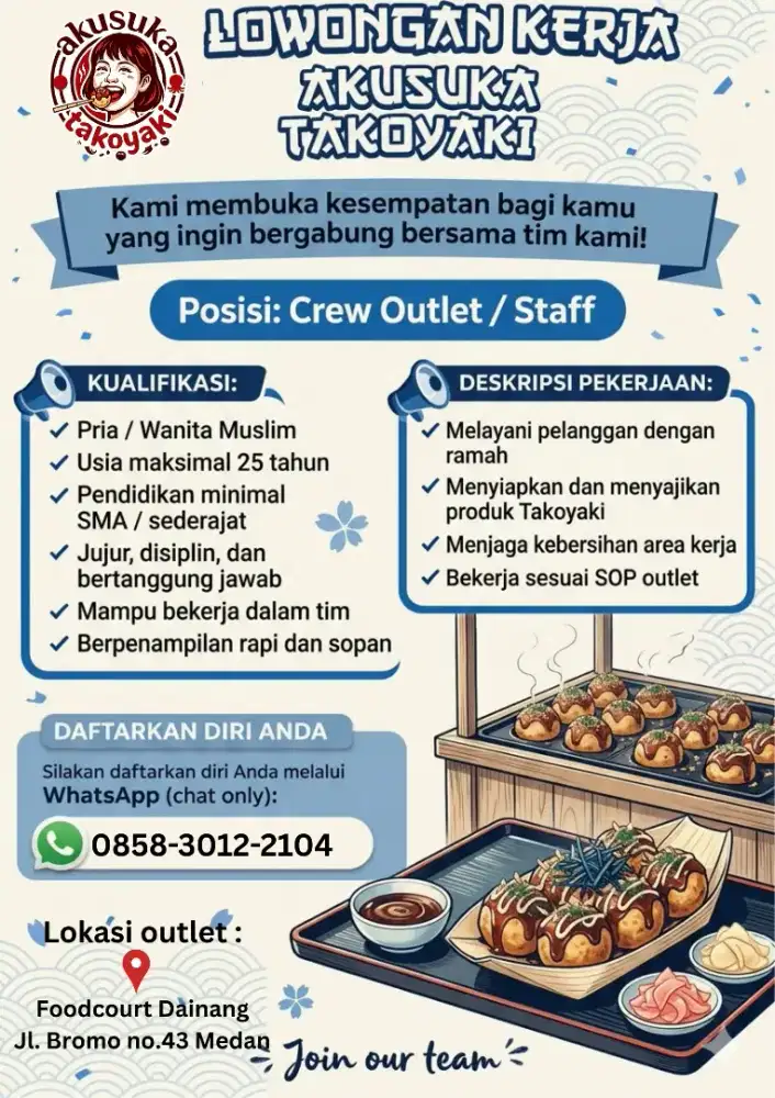 Loker takoyaki & chicken roll jl. Bromo Medan