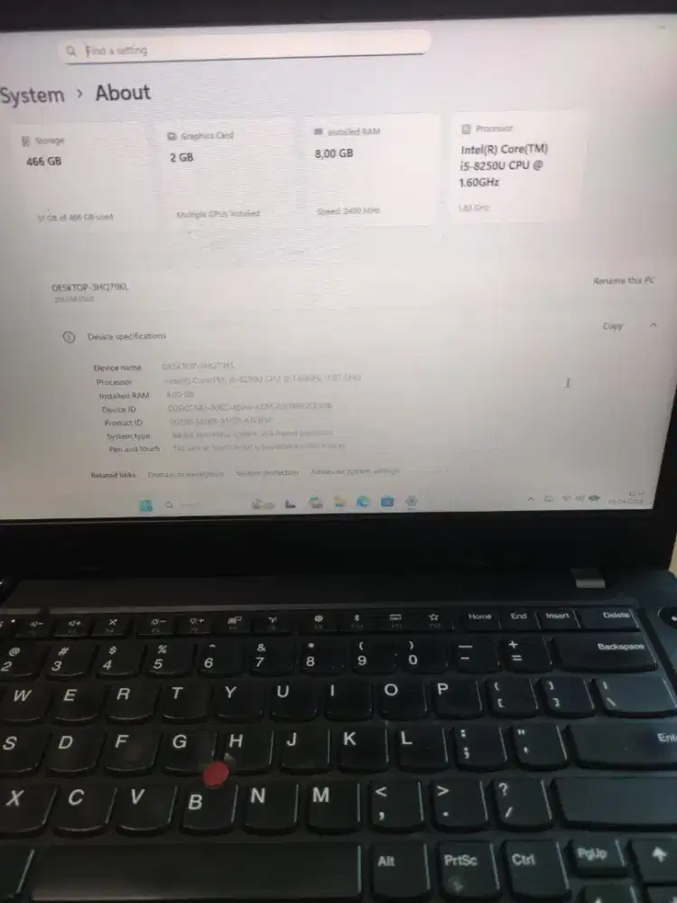 Laptop LENOVO THINKPAD L480 -Core I5@8250U- RAM 8Gb - SSD 500GB