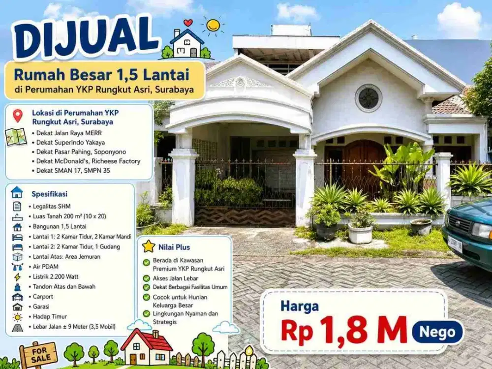 Rungkut Surabaya | Jual Rumah Besar 1,5 Lt 200 m² YKP Rungkut Asri Mapan Menanggal Harapan SMAN 17 Yakaya MERR