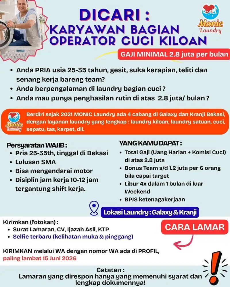 Dicari : Karyawan Bagian Operator Cuci untuk Laundry Galaxy & Kranji !