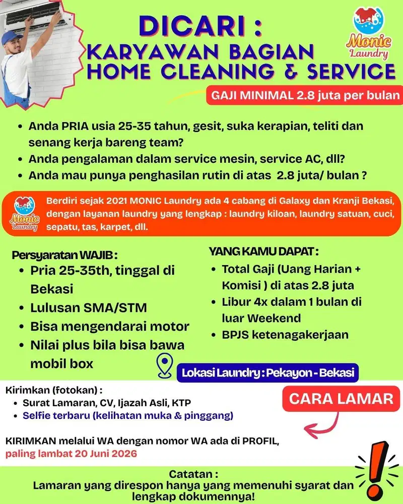 Dicari : Karyawan Bagian Home Cleaning & Service - Pekayon Bekasi