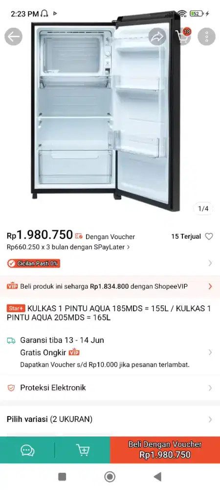 Kulkas 1 Pintu Aqua (Baru)
